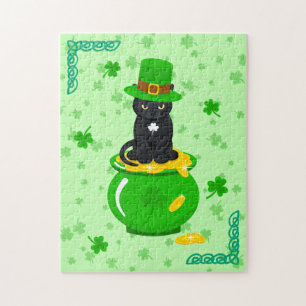 St. Patrick's Day Shamrock Pot of Gold Black Cat Jigsaw Puzzle