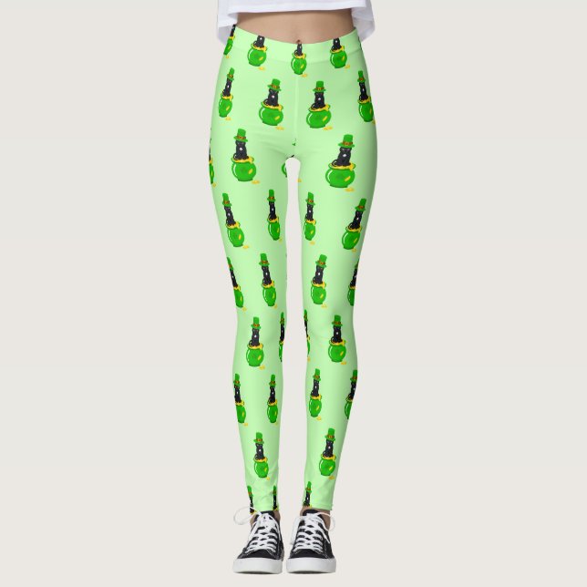 St. Patrick's Day Shamrock Pot of Gold Black Cat Leggings (Front)