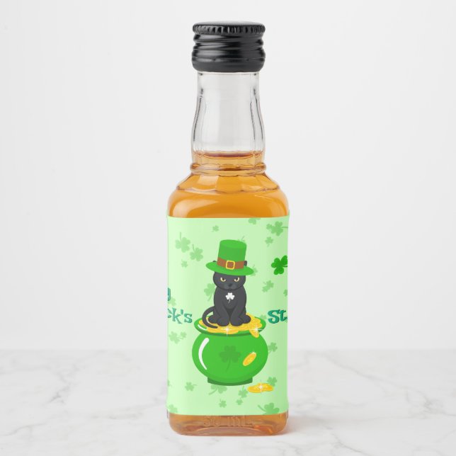St. Patrick's Day Shamrock Pot of Gold Black Cat Liquor Bottle Label (Front)