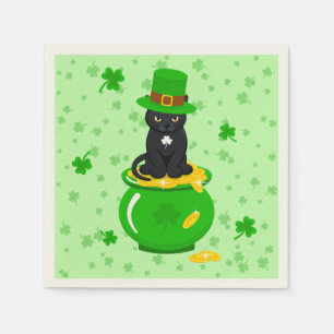St. Patrick's Day Shamrock Pot of Gold Black Cat Napkin