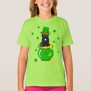 St. Patrick's Day Shamrock Pot of Gold Black Cat T-Shirt