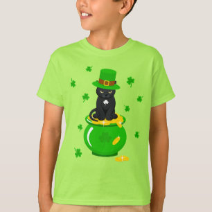 St. Patrick's Day Shamrock Pot of Gold Black Cat T-Shirt