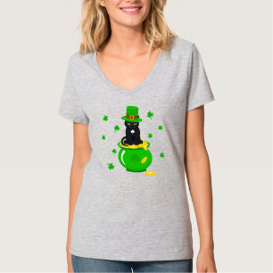 St. Patrick's Day Shamrock Pot of Gold Black Cat T-Shirt