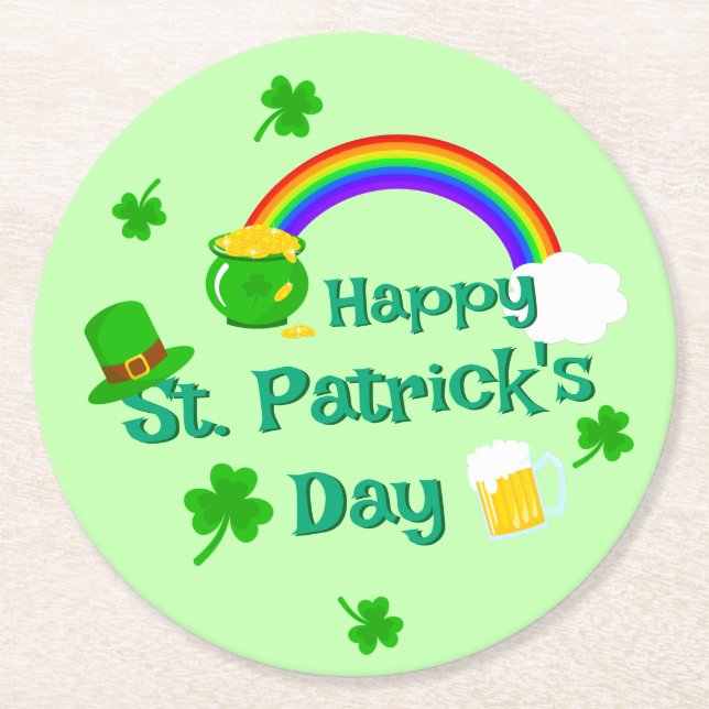 St. Patrick's Day Shamrock Pot of Gold Celtic Knot Round Paper Coaster (Front)