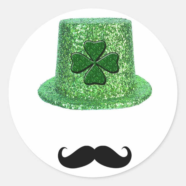 St. Patrick's Day Shamrock Sparkle Hat & Moustache Classic Round Sticker (Front)