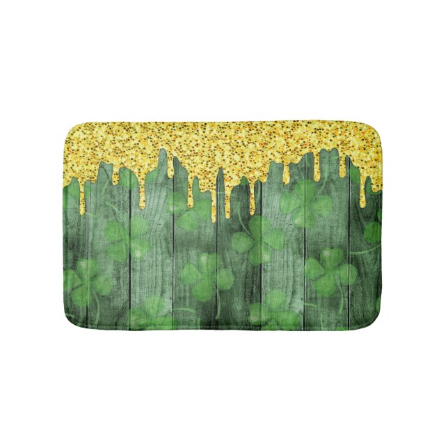 St. Patrick's Day Shamrocks Glitter Gold Drips Bath Mat (Front)