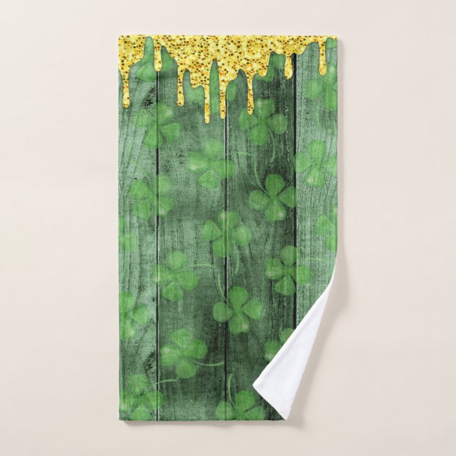 St. Patrick's Day Shamrocks Glitter Gold Drips Hand Towel (Hand Towel)