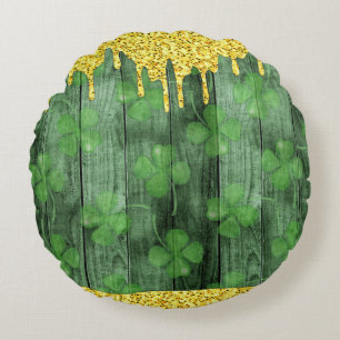 St. Patrick's Day Shamrocks Glitter Gold Drips Round Cushion