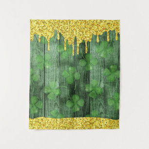 St. Patrick's Day Shamrocks Glitter Gold Drips Tapestry
