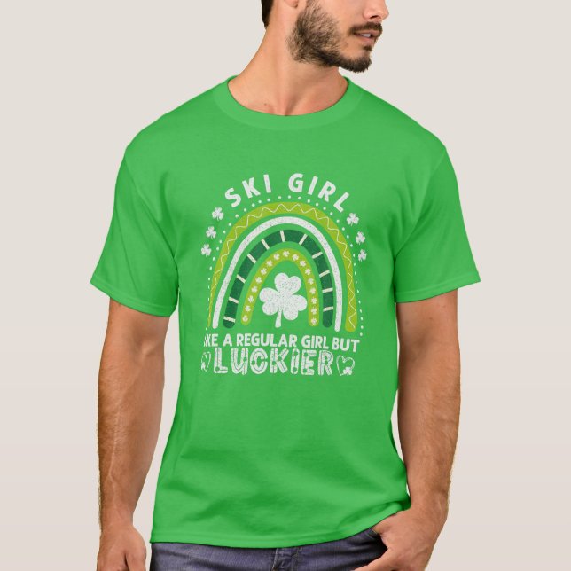 St Patrick's Day Ski Girl Rainbow Shamrock Skier S T-Shirt (Front)