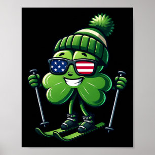 St Patricks Day Skiing Shamrock Clovers Irish Amer Poster