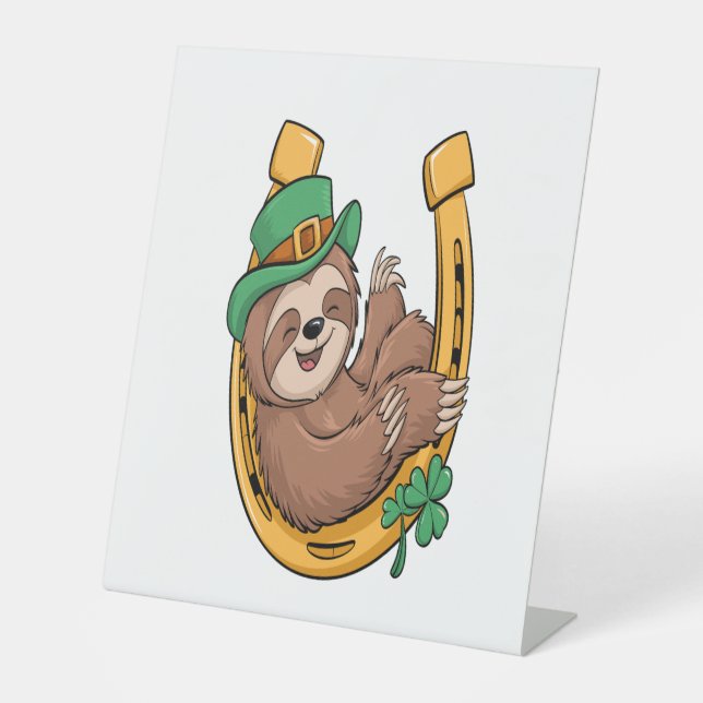 St Patrick's Day Sloth Horseshoe Lucky Pedestal Sign (Front)