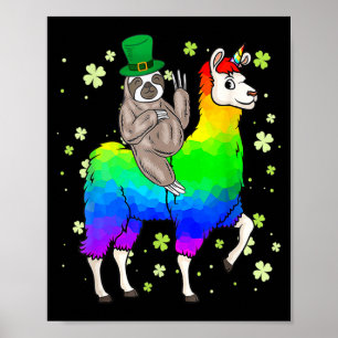 St Patricks Day Sloth Riding Llama Leprechaun T Sh Poster