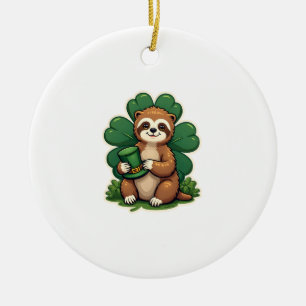 St Patricks Day Sloth Vintage Lucky Clover Art 2 Ceramic Tree Decoration
