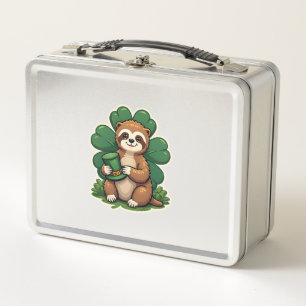 St Patricks Day Sloth Vintage Lucky Clover Art 2 Metal Lunch Box