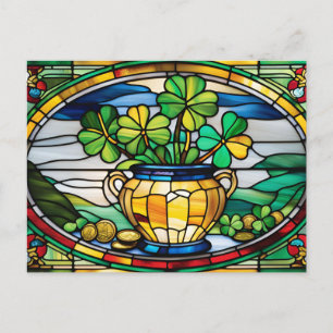 St. Patrick's Day Stained Glass Pot with Clover Holiday Postcard