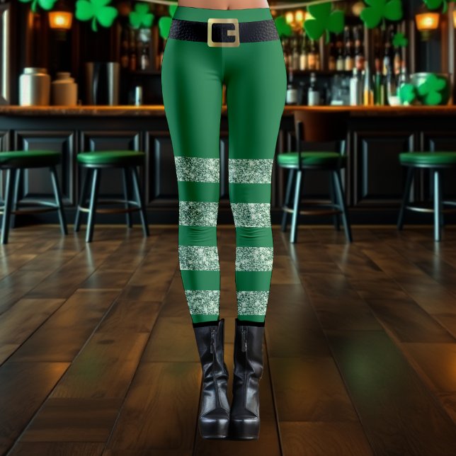 St. Patrick's Day Striped Green Glitter Leprechaun Leggings (Creator Uploaded)