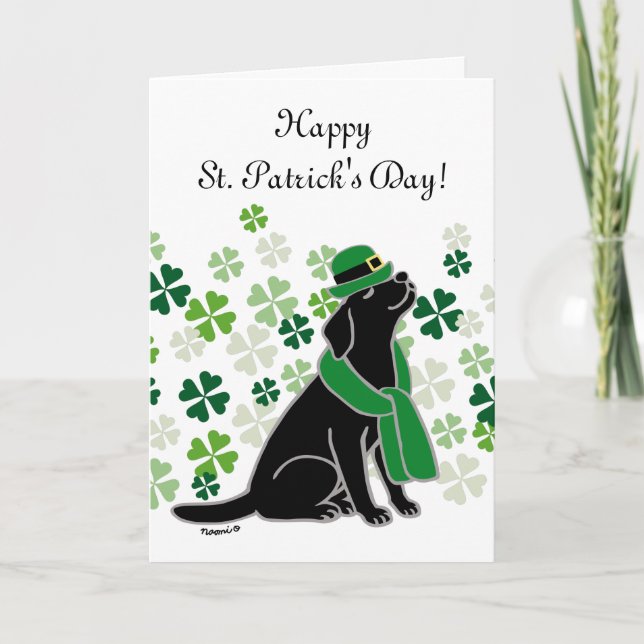 St. Patrick's Day Stylish Black Labrador Clovers Card (Front)