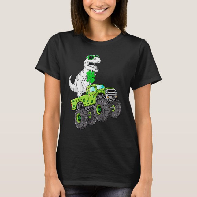 St Patricks Day T Rex Riding Monster Truck Dino To T-Shirt (Front)