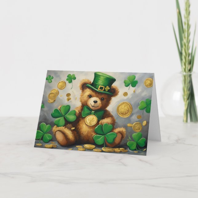 St.Patrick's Day Teddy with Shamrock and Gold Coin Holiday Card (Front)