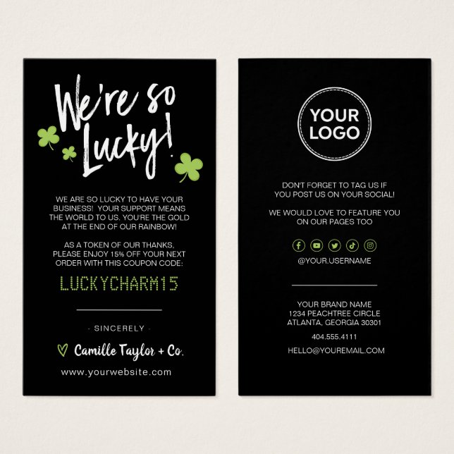 St. Patrick's Day Thank You & Discount Code Card  (Front & Back)
