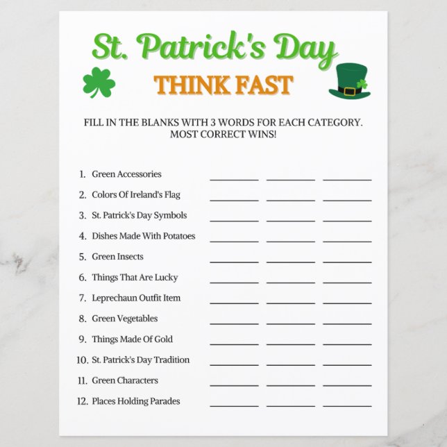 St. Patrick's Day Think Fast Game (Front)