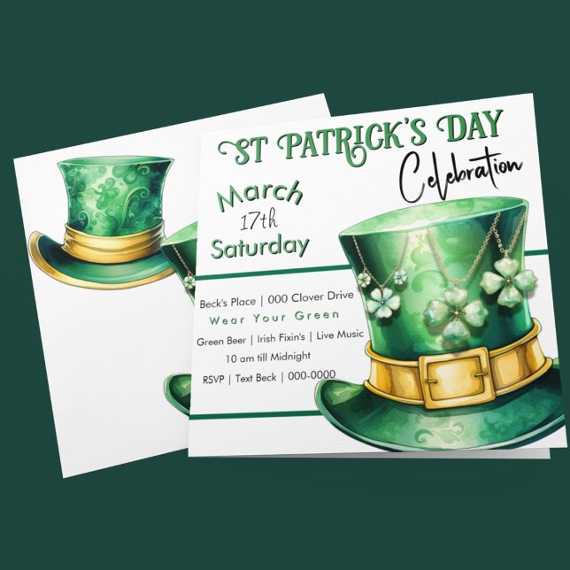 St Patrick's Day Top Hat with Clover Jewels Party Invitation (Happy St Patrick's Day customizable party invitation with Leprechaun Top Hats and Shamrocks)