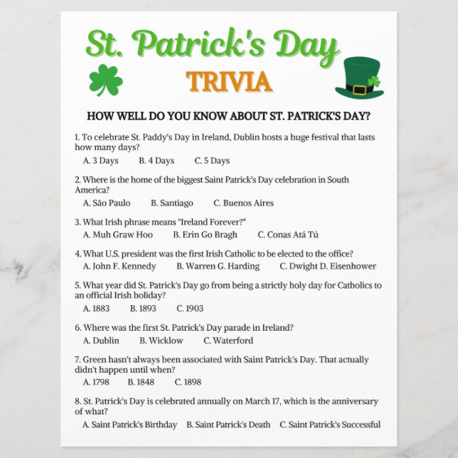 St. Patrick's Day Trivia Game (Front)