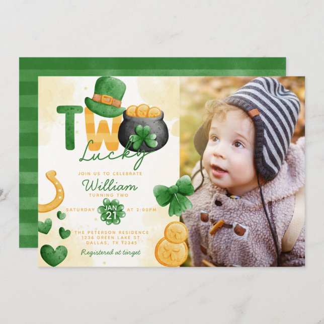 St Patricks Day TWO Lucky 2nd Birthday Invitation (Front/Back)