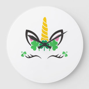 St Patrick's Day Unicorn Face Leprechaun Irish Gir Large Clock