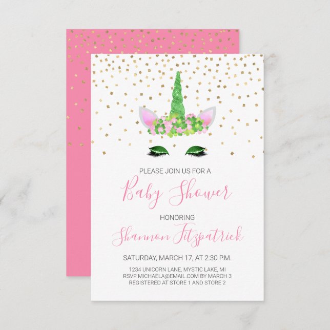 St. Patrick's Day Unicorn Girl's Pink Baby Shower Invitation (Front/Back)