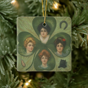 St. Patrick's Day Vintage Clover Lady Luck Art Ceramic Ornament