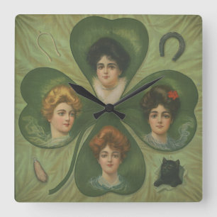 St. Patrick's Day Vintage Clover Lady Luck Art Square Wall Clock