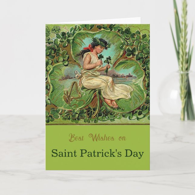 St. Patrick's Day Vintage Girl with Shamrocks  Card (Front)
