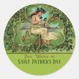 St. Patrick's Day Vintage Girl with Shamrocks  Classic Round Sticker