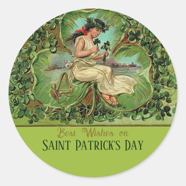 St. Patrick's Day Vintage Girl with Shamrocks  Classic Round Sticker (Front)