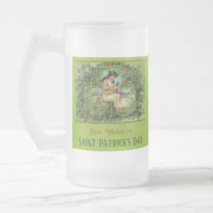 St. Patrick's Day Vintage Girl with Shamrocks  Frosted Glass Beer Mug