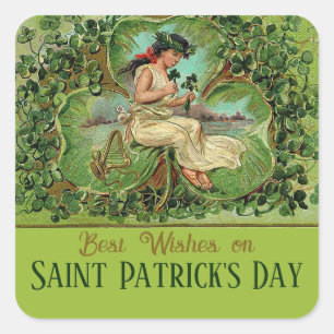 St. Patrick's Day Vintage Girl with Shamrocks Square Sticker