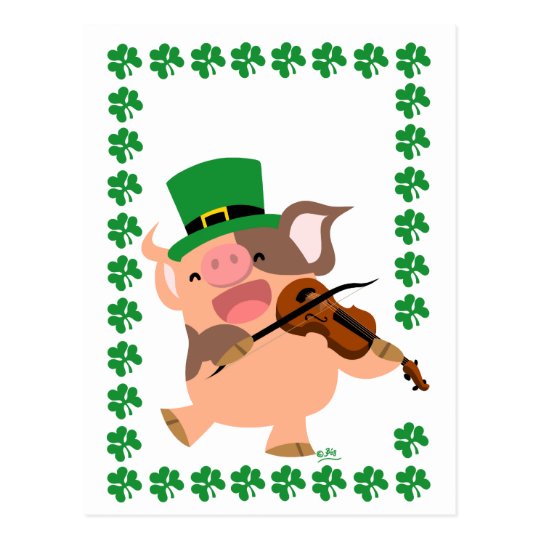 St Patrick's Day violinist pig postcard