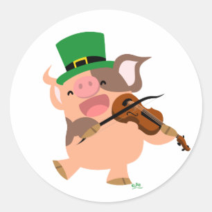 St Patrick's Day violinist pig round sticker