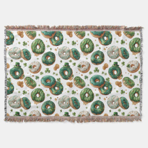 St Patricks Day Watercolor Donut & Shamrock Throw Blanket