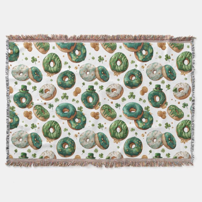 St Patricks Day Watercolor Donut & Shamrock Throw Blanket (Front)