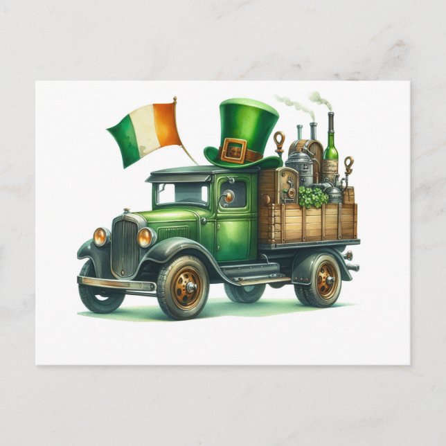 St Patrick's Day Watercolor Truck Ireland Flag Postcard (Front)