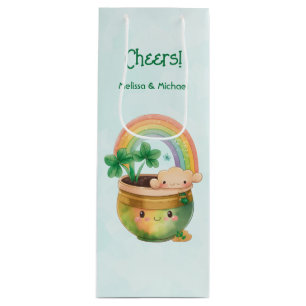 St. Patrick's Day Whimsical Rainbow & Clover Wine Gift Bag