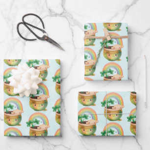 St. Patrick's Day Whimsical Rainbow & Clover Wrapping Paper Sheet
