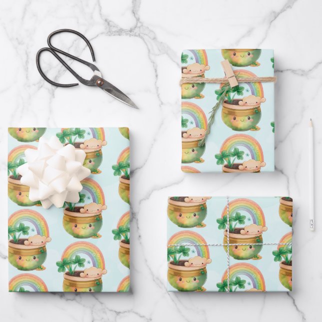 St. Patrick's Day Whimsical Rainbow & Clover Wrapping Paper Sheet (Front)