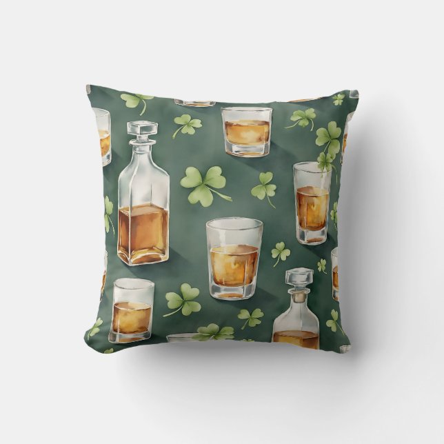 St. Patrick's Day Whiskey and Shamrocks Pattern Cushion (Front)