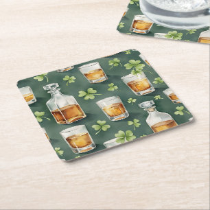 St. Patrick's Day Whiskey and Shamrocks Pattern Square Paper Coaster