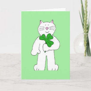 St Patrick's Day White Cat With Shamrock Card