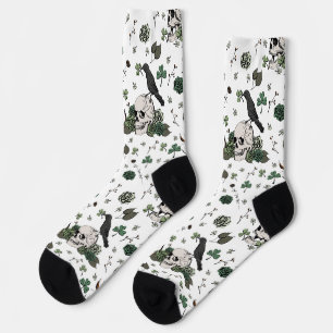St Patrick's Day White & Green Skulls & Roses Socks